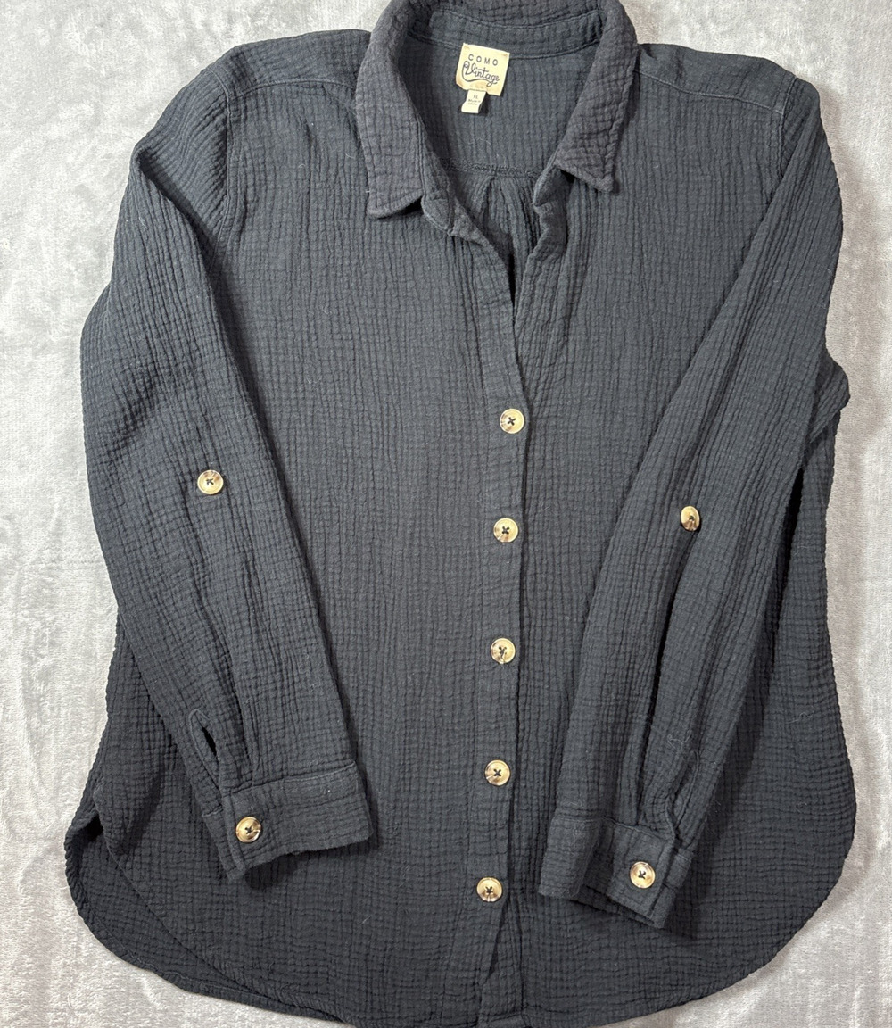 Como Vintage Womens XL Black Tunic Blouse Boho Cottagecore Muslin Cotton